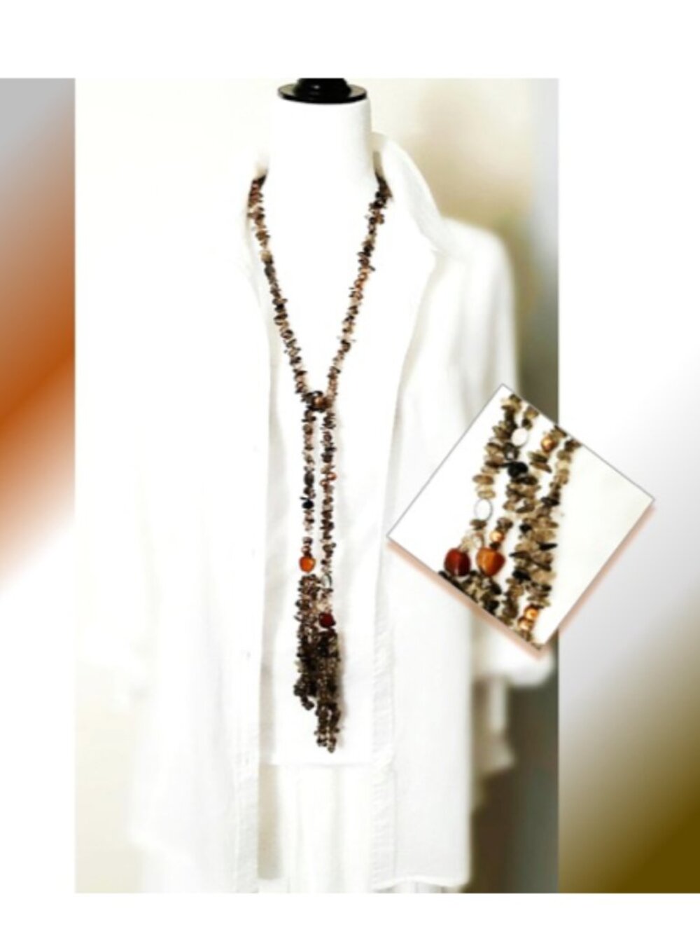 Lariat Necklace Smoky Quartz Carnelian MOP Pearl Gemstones Tassels 53" Length